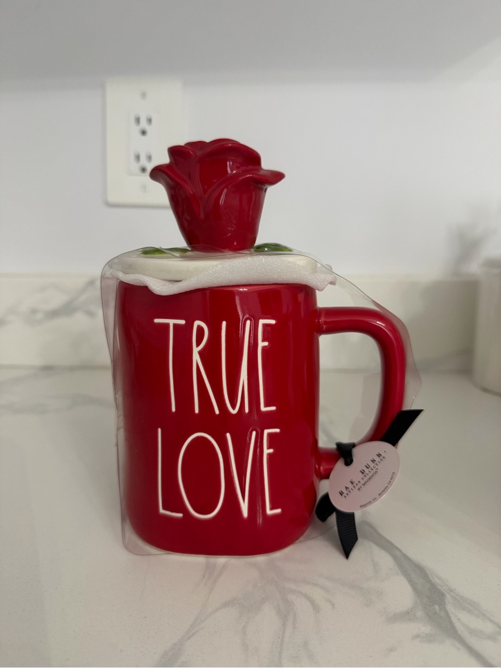 Rae Dunn Red 'TRUE LOVE' Ceramic Mug with Rose Lid